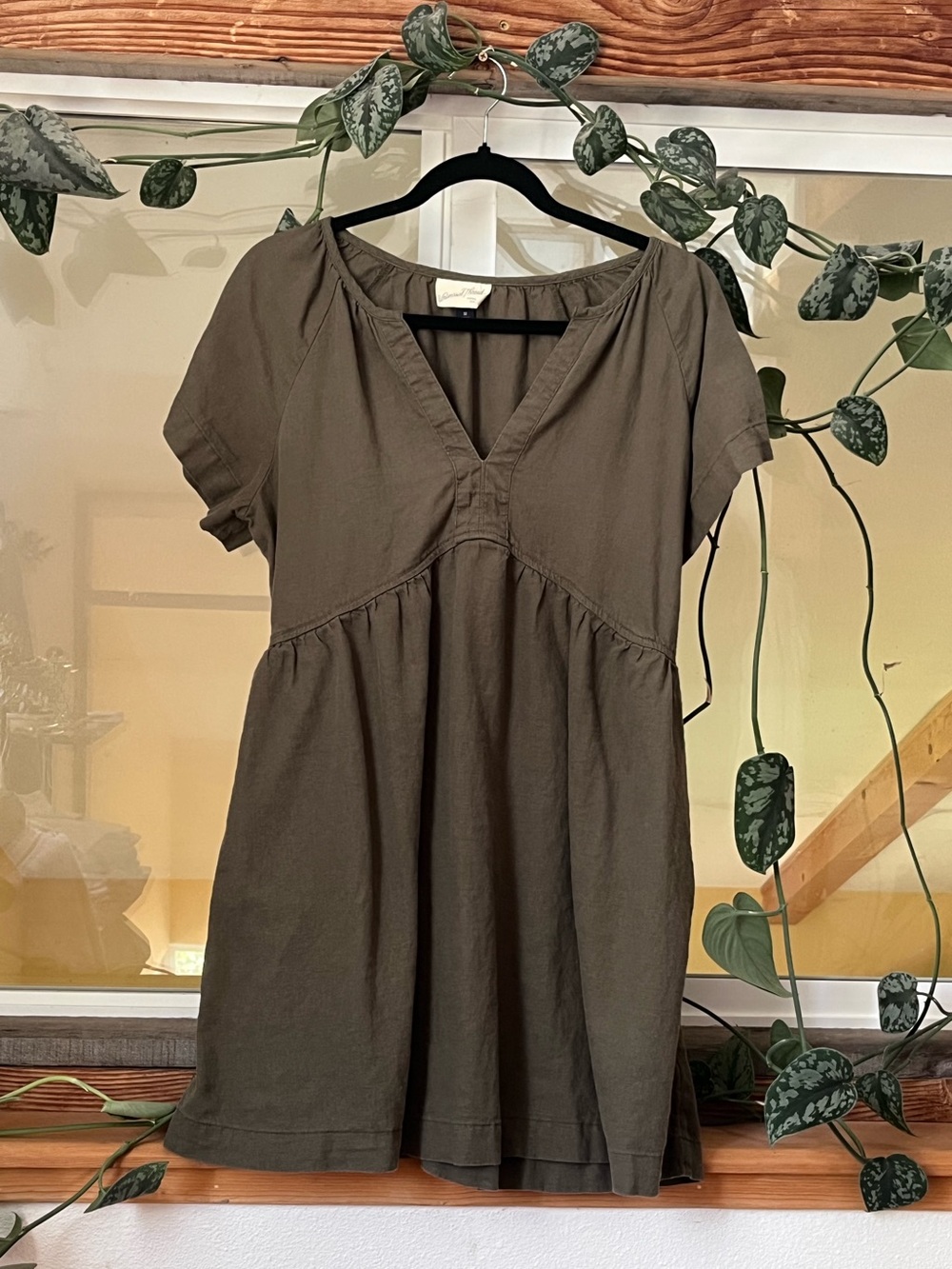 Linen Blend Dress, Olive Green, size Medium